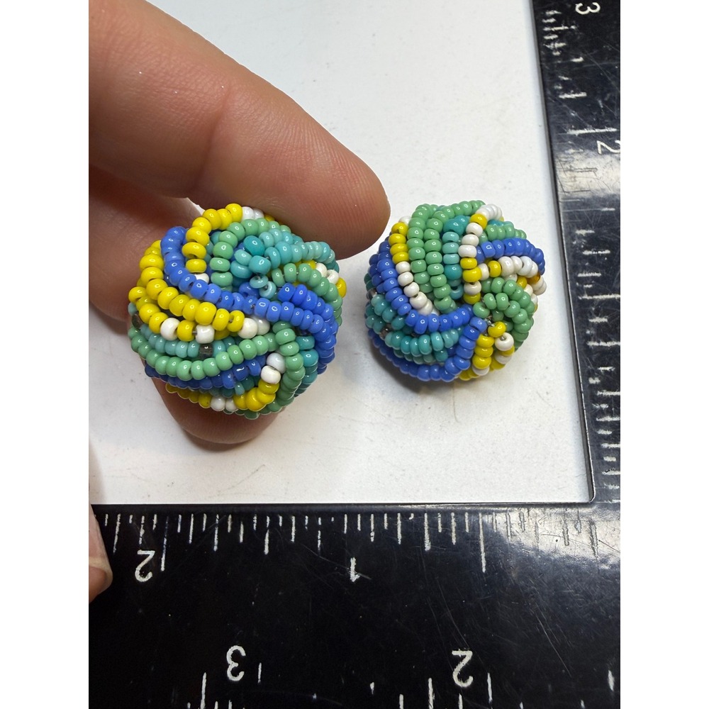 Vintage Multi Color Seed Bead Swirl Clip On Earrings Blue Green Yellow White